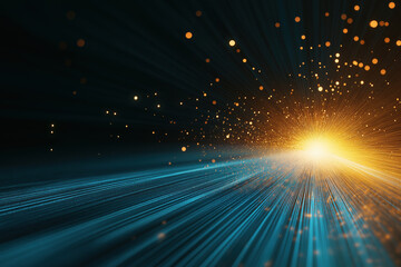 Poster - Bright light explosion with blue and gold particles creating a dynamic visual effect
