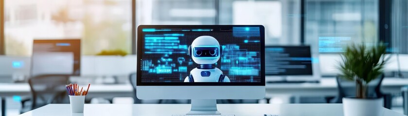 Poster - Task assignment strategy in a digital age, modern virtual office, front view, showcasing adaptability and speed, robotic tone, Complementary Color Scheme