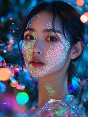 Aufkleber - Futuristic Portrait of Woman with Neon Holographic Projections