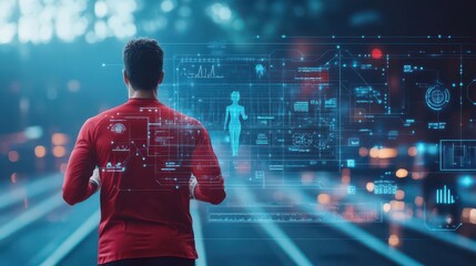 Poster - Runner on track with perfect alignment, AI diagram overlay, sleek holographic visuals, modern aesthetic, vivid clarity