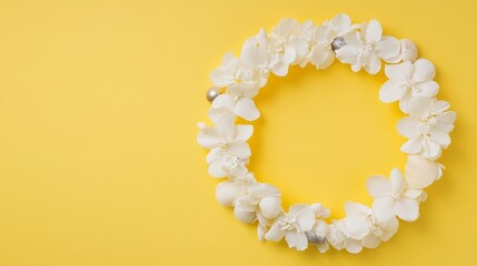 Poster - Floral and Seashell Wreath on Vibrant Yellow Background - Modern Minimalist Art