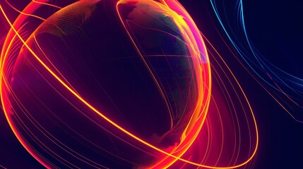 Poster - Vibrant digital artwork featuring abstract globe encircled by neon trails with intense dynamic colors for showcasing global connectivity energy and futuristic technology concept.