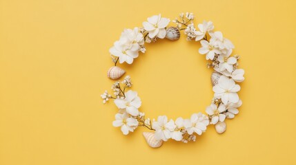 Poster - Elegant Seashell and Floral Wreath on Soft Yellow Background
