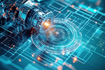 Poster - Industrial reactor with rotating blueprint overlay, futuristic visual effects, clean metallic background, dynamic engineering details