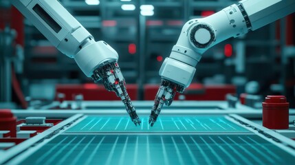 Poster - Humanmachine collaboration with robotic arms assisting workers, sharp focus, industrial background, cyberpunk photography