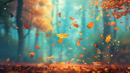 Wall Mural - falling leaves dance in an ethereal autumn forest a magical scene of nature's beauty.