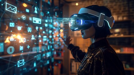 Poster - woman uses a vr headset, exploring a vibrant digital world. the image showcases cutting-edge technol