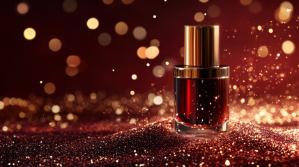 Wall Mural - Luxurious cosmetic product on deep red background with sparkling bokeh. elegant bottle reflects light, creating glamorous atmosphere perfect for beauty enthusiasts