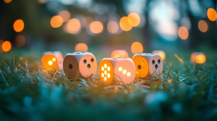 Poster - Dreamy Pastel Dice on Grass at Dusk - Surreal Outdoor Game Board Scene
