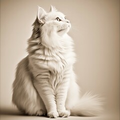 A serene portrait of a fluffy white cat, gazing thoughtfully into the distance, showcasing its elegant fur and calm demeanor.