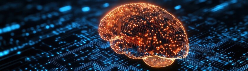 Aufkleber - Digital brain representation showcasing neural connections and data flow in a futuristic technology environment.