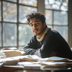 Poster - Focused Study in Winter Light Young Man Immersed in Books