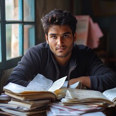 Poster - Focused Winter Study Session Young Man Engaged in Exam Preparation Near Window