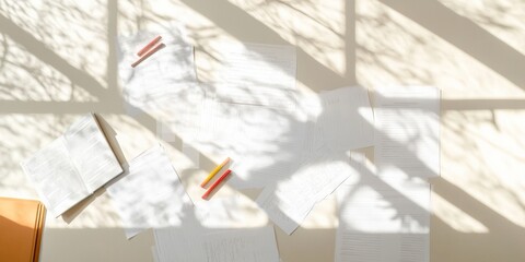 Poster - Sunlit Study Session Papers and Highlighters on a Library Table
