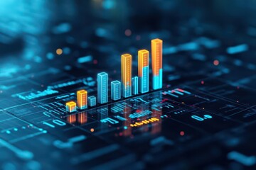 Poster - Bar graph displaying revenue growth, luminous bars and digits, 3D illustration