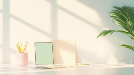 Poster - Cozy Study Desk with Pastel Stationery and Tablet in Soft Natural Light