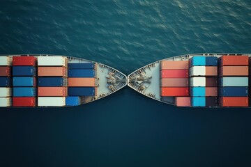 Poster - Aerial view of two cargo ships with colorful containers approaching each other on calm blue water, highlighting maritime transport.