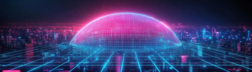 Fototapete - Abstract visualization of a protective dome over a city, textured digital grid, vibrant neon colors, cyberpunk style