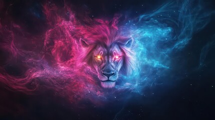 Poster - Abstract lion with glowing eyes surrounded by swirling cosmic energy, vibrant colors, surreal style, digital painting