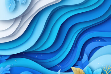 Poster - Vibrant blue paper cut waves create an abstract ocean landscape artwork