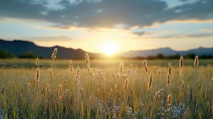 Sticker - Golden sunset over grassy field with mountains in background