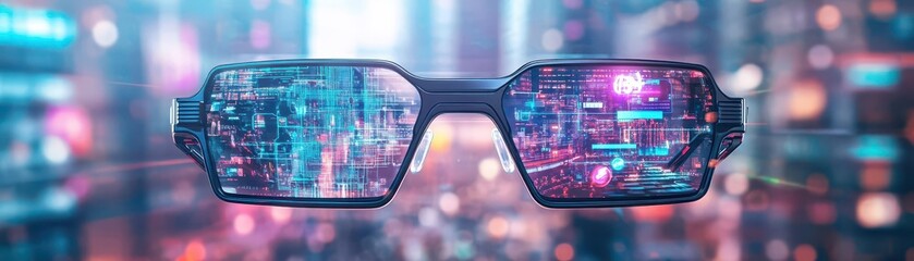 Aufkleber - A pair of AIenhanced glasses with a holographic navigation display, set against a bustling futuristic city, cyberpunk palette
