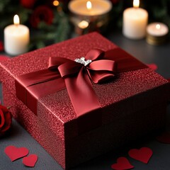 Wall Mural - A beautifully wrapped gift box adorned with a brown ribbon and a decorative bow, surrounded by candles and heart-shaped decorations, creating a romantic and festive atmosphere.