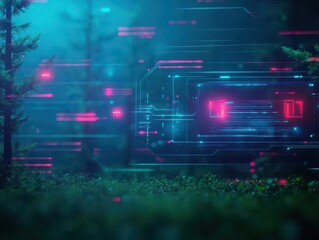 Poster - a grove surrounded by holographic barriers with glowing circuits, cyberpunk, vibrant colors, cinemat