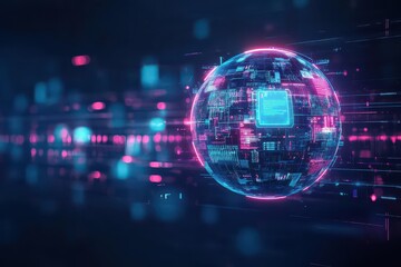 Poster - A floating AI assistant device in the form of a sphere, glowing neon highlights, projecting holographic images, fantasytech aesthetic
