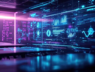 Leinwandbilder - A conference room with holographic presentations and AI avatars, glowing blue and purple hues, cyberpunk, futuristic 3D
