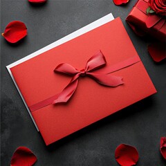 Wall Mural - A beautifully wrapped brown envelope with a ribbon, accompanied by rose petals and a gift box, suggesting a special occasion or celebration.