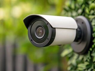 Poster - Security camera monitoring outdoor area surveillance equipment green environment detailed view safety concept