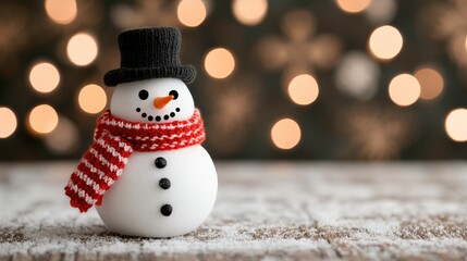 Wall Mural - A charming snowman with a black hat and an orange scarf stands against a blurred, festive background of twinkling lights, evoking a cozy winter atmosphere.