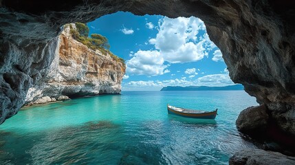 Wall Mural - Secluded Sea Cave with Boat: A Serene Coastal Escape