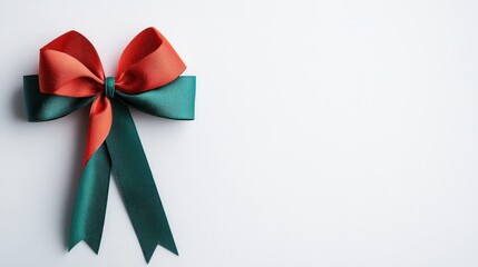 Wall Mural - A decorative bow made of two contrasting ribbons, one brown and one teal, placed on a clean white background, ideal for gift wrapping or festive occasions.