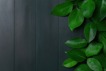Poster - Lush green leaves contrasting with dark wooden background for peaceful ambiance