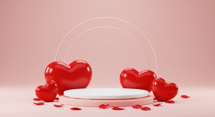 red heart-shaped balloons placed inside of a pink podium creating a romantic valentine's day theme