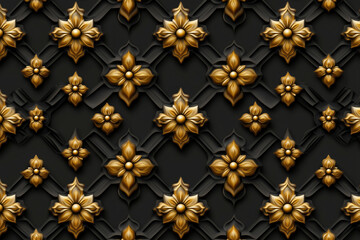 Poster - Elegant gold floral pattern on a textured black background showcasing intricate design