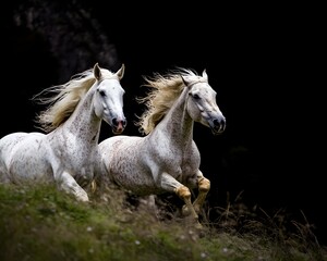 Naklejka na meble Two White Horses Running Free in the Night