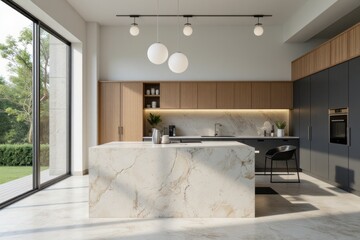 Wall Mural - Modern Minimalist Kitchen with Marble Island and Natural Light