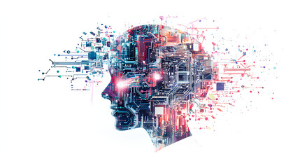 Fototapete - AI symbol adorned with complex circuit layout on a white background. Surrounded by colorful, flowing elements 