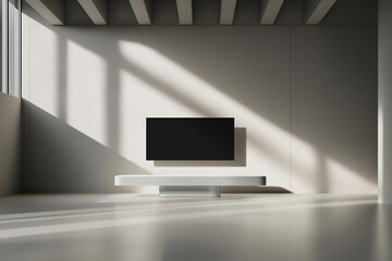 Poster - Modern minimalist living room with a large television and sunlight streaming in