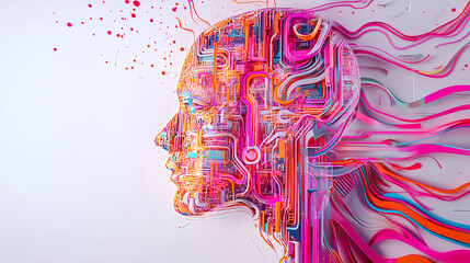 Fototapete - AI symbol adorned with complex circuit layout on a white background. Surrounded by colorful, flowing elements 