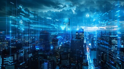 Fototapete - futuristic city at night, illuminated by digital data streams and network connections, representing technological advancement and urban innovation.