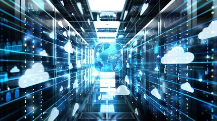 Fototapete - modern data center with servers and cloud computing technology visualized.
