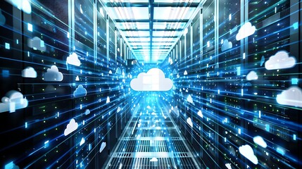 Poster - Abstract depiction of data center with cloud computing technology servers network and data transfer for illustrating modern digital infrastructure seamless connectivity and innovation concept.