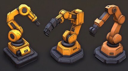 Poster - 3D Render of Industrial Robotic Arms in Yellow and Gray Colors, Displaying Innovative Design for Manufacturing Automation and Technology Concepts