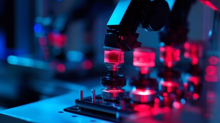 Poster - Advanced robotic arm working in a laboratory setting, showcasing high-tech equipment with vivid red and blue lighting, emphasizing automation and precision in modern science.