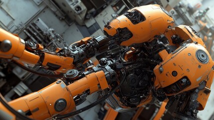 Poster - Close-up of a futuristic robotic arm in a high-tech industrial environment, showcasing intricate mechanical details and a vibrant orange design, emphasizing innovation and technology.
