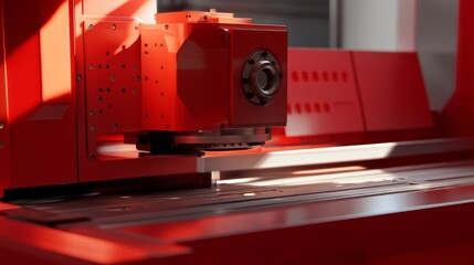 Poster - Close-Up of Modern Precision Machinery in a Workshop Setting with Bright Red Components and Detailed Engineering Design Highlights